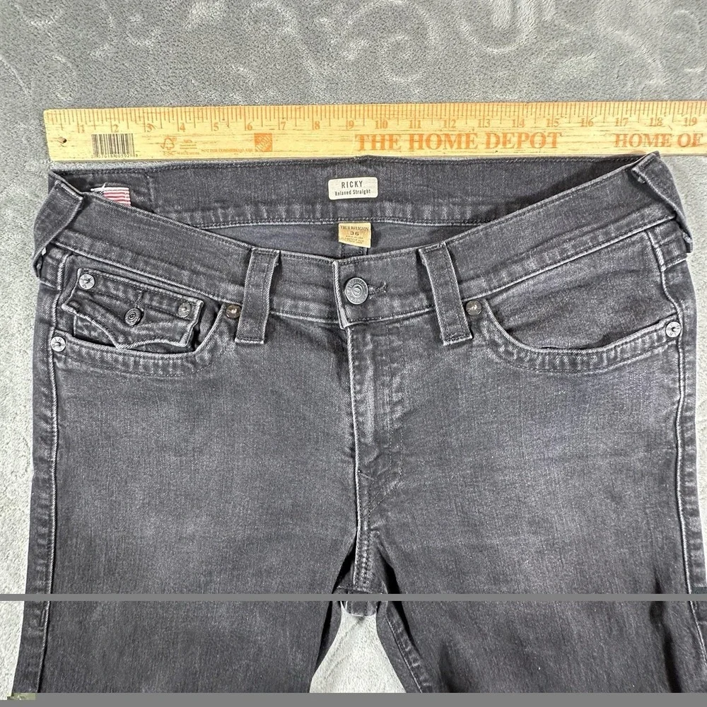 True Religion Ricky Relaxed Straight Jeans Mens 36x31 Black Flap Pocket Y2K VTG